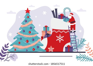 Santa Claus puts gifts in big red sock. Christmas and new year celebration, horizontal banner. Traditional christmas tree. December holidays. Funny new year card. Flat trendy vector illustration