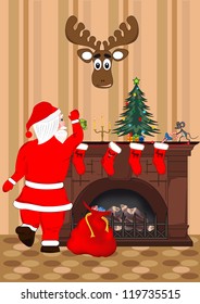 Santa Claus puts presents in Christmas socks