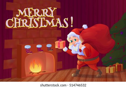 Santa claus putting christmas gift into sock hanging near firepl