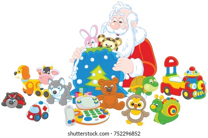 Santa Claus putting Christmas gifts for children in his bag