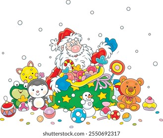 Santa Claus with putting Christmas presents, toys and sweets in his magical gift bag, vector cartoon illustration isolated on a white background