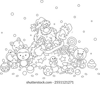 Santa Claus with putting Christmas presents, toys and sweets in his magical gift bag, black and white vector cartoon illustration for a coloring book