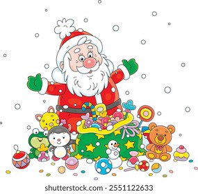 Santa Claus putting Christmas presents, toys and sweets in his magical gift bag, vector cartoon illustration isolated on a white background