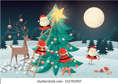 santa claus colocando vectores/ilustración de árboles de Navidad