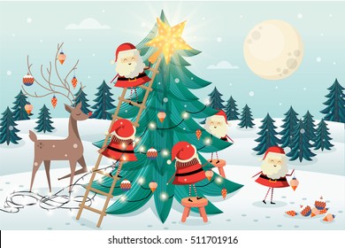 santa claus colocando vectores/ilustración de árboles de Navidad