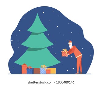 Santa Claus putting gift box under Christmas tree. Heap of presents, night, wrap flat vector illustration. Xmas, eve, celebration concept for banner, website design or landing web page