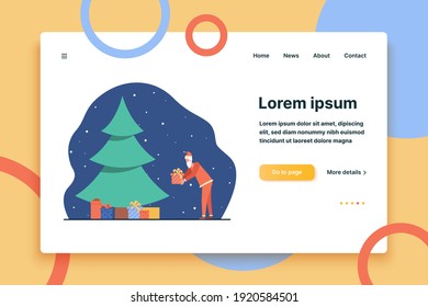 Santa Claus putting gift box under Christmas tree. Heap of presents, night, wrap flat vector illustration. Xmas, eve, celebration concept for banner, website design or landing web page