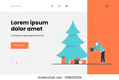 Santa Claus putting gift box under Christmas tree. Heap of presents, night, wrap flat vector illustration. Xmas, eve, celebration concept for banner, website design or landing web page