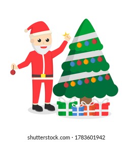 Santa Claus Putting Star On Tree. Character design on white background