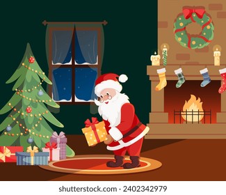 Santa Claus putting wrapped gift box decorated with ribbon bow on big pile of colorful presents under embellished Christmas tree near fireplace. Congratulation card. Flat style vector illustration