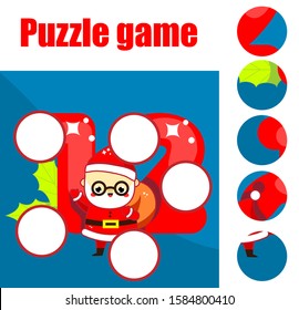 Santa Claus puzzle for toddlers. Find missing part of picture. New year and Christmas theme educational game for children and kids.