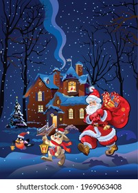 Santa Claus rabbit and bullfinch. New Year's Eve