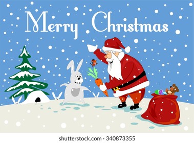 Santa Claus rabbit carrots bird hole fir-tree gift snow winter snowdrift traces 
