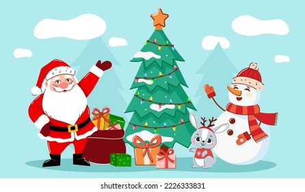 Santa Claus, rabbit and snowman are standing near the Christmas tree with gifts. The concept of the new year. Symbol of the year. A greeting card. Vector illustration