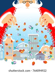 Santa Claus rain gifts in city. Christmas in town. Snow and buildings. New Year card. Xmas template design