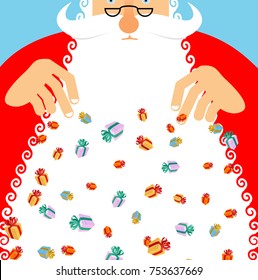 Santa Claus rain gifts. Gift lot of festive box. Christmas poster. New Year card. Xmas template design