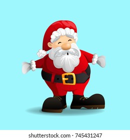 Santa Claus with a raised hand isolated on light blue background. Cartoon character. vector and illustration.