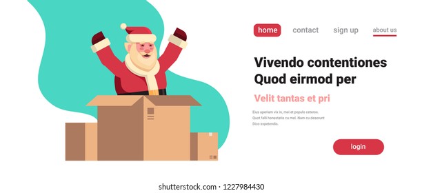 santa claus raised hands inside paper box merry christmas holiday happy new year concept flat horizontal copy space vector illustration