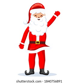 Santa Claus with a raised right hand. Cartoon character. Flat cector illustration.