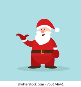 Santa Claus with a raised right hand. Santa Claus stand. Cartoon Christmas holiday character. Cute Father Frost vector illustration. Cartoon character