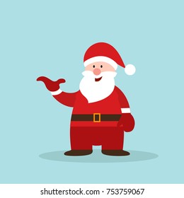 Santa Claus with a raised right hand. Santa Claus stand. Cartoon Christmas holiday character. Cute Father Frost vector illustration. Cartoon character