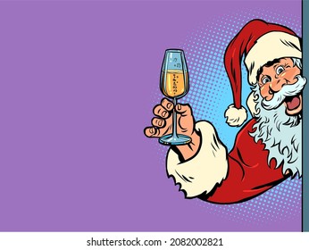 Santa Claus raises a glass of champagne. Christmas and New Year. Winter seasonal holiday