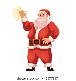 Santa Claus raising a beer glass, cartoon style vector illustration isolated on white background. Full length portrait of Santa with a glass of beer, Christmas decoration element