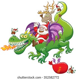 Santa Claus raising his arms, smiling and having fun while riding a green dragon with purple wings and fire-breathing, accompanied by two elves, a reindeer and a flying bag marked with the word toys