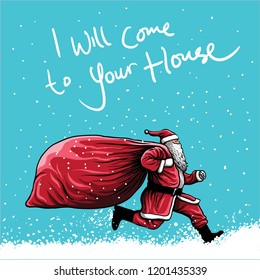 Santa Claus ran with a sack of gifts in the middle of the snow