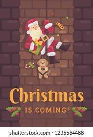 Santa Claus rappelling down the chimney with a dog and a present in hand. Christmas flat illustration card