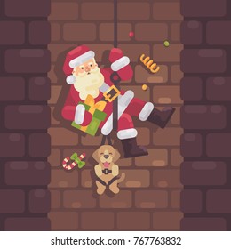 Santa Claus rappelling down the chimney with a dog and a present in hand. Christmas flat illustration