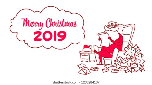 santa claus read merry christmas wish list letter stack new year celebration concept sketch doodle horizontal vector illustration