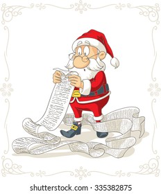 Santa Claus Reading Big Presents Wishlist Vector Cartoon - Illustration of Santa Claus riding scooter delivering Christmas presents
