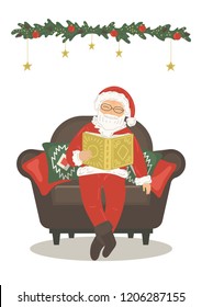 Santa Claus reading book in armchair on white background. Vector illustration.