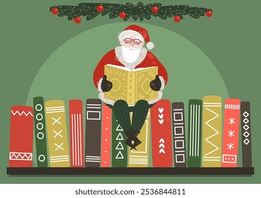 Santa Claus reading book on bookshelf