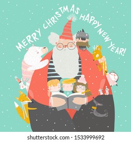 Santa Claus reading books with happy kids and animals