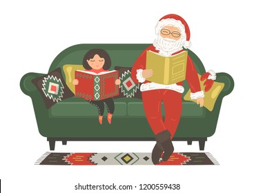 Santa Claus reading books  with little girl on sofa on white background. Christmas vector illustration for libraries, bookstores, education. Reading concept. 