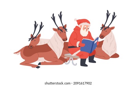 Santa Claus reading Christmas fairy tales book. Reindeers listening to Xmas stories and fairytales. Old bearded character and north deers. Flat vector illustration isolated on white background