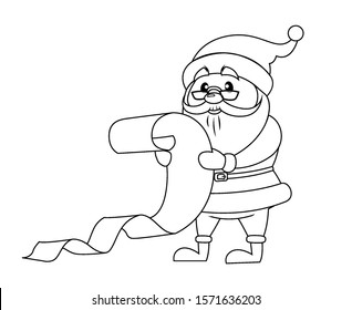 Santa Claus reading Christmas letter. Black and white vector illustration for coloring book