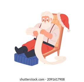 Papá Noel leyendo la lista de deseos de Navidad, sentado en la silla. Carácter retro con barba y larga carta en las manos en Navidad y Nochevieja. Ilustración vectorial gráfica plana aislada en fondo blanco