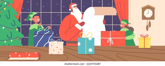 Santa Claus Reading Gift List With Elves In Office Room Interior, Prepare Presents to Kids for Merry Christmas And Happy New Year Winter Holidays Celebration on North Pole. Cartoon Vector Illustration