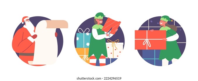 Weihnachtsmann-Leserliste, Elfen bereiten sich auf Vorführungen für Kinder für frohe Weihnachten und glückliche Winterferien Neujahr Feier einzelne runde Symbole oder Avatare. Cartoon-Vektorgrafik