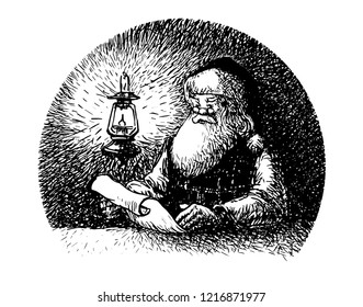 Santa Claus reading a letter by lantern light.vector illustration