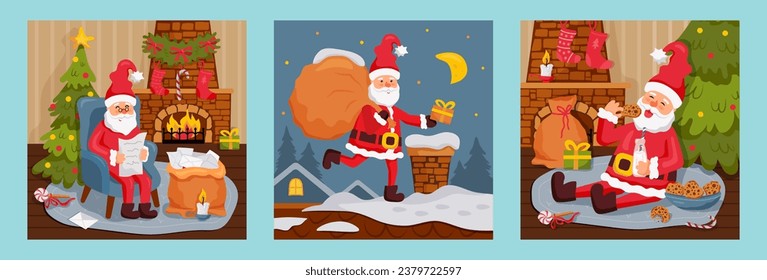 Santa Claus reading letter in the char, with bag on the roof, eating cookies and drinking milk. Vector illustration set.