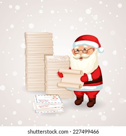 Santa Claus reading a letter. Christmas vector illustration. Holiday background