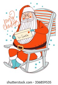 Santa Claus reading a letter. Christmas cards.