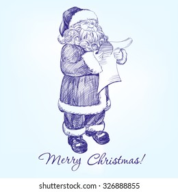 Santa Claus reading a letter hand drawn vector llustration realistic sketch