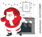 Santa Claus reading letter at home on Christmas eve. Santa Claus holding a sack with gifts. Holiday illustration on white background. Christmas santa claus characters. Santa claus in house. 2744