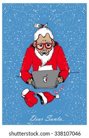  Santa Claus reading a letter in a laptop before Christmas. Vector illustration