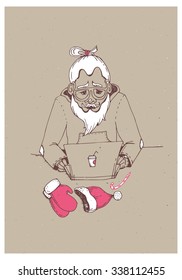  Santa Claus reading a letter in a laptop before Christmas. Vector illustration